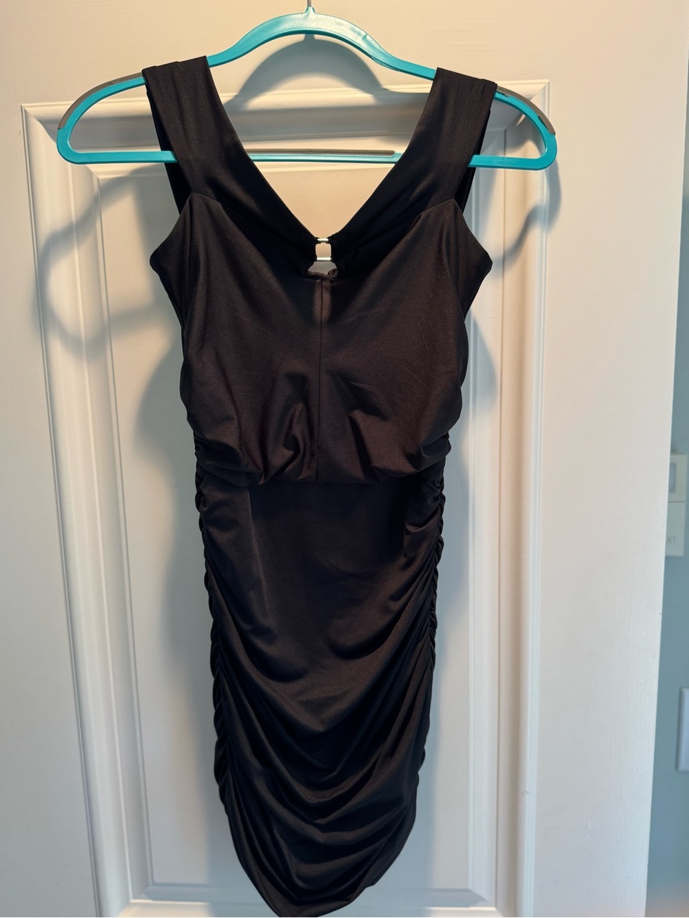 by the way. Black Ruched V-Back Mini Dress
